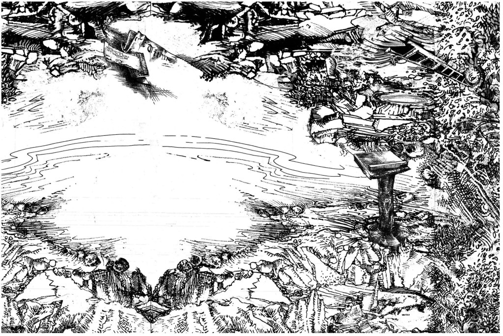 “Enter Legend” from Fibonacci Monstrosity by LB Thompson and detail from “Longhand Forest” by Ellen&nbsp;Wiener